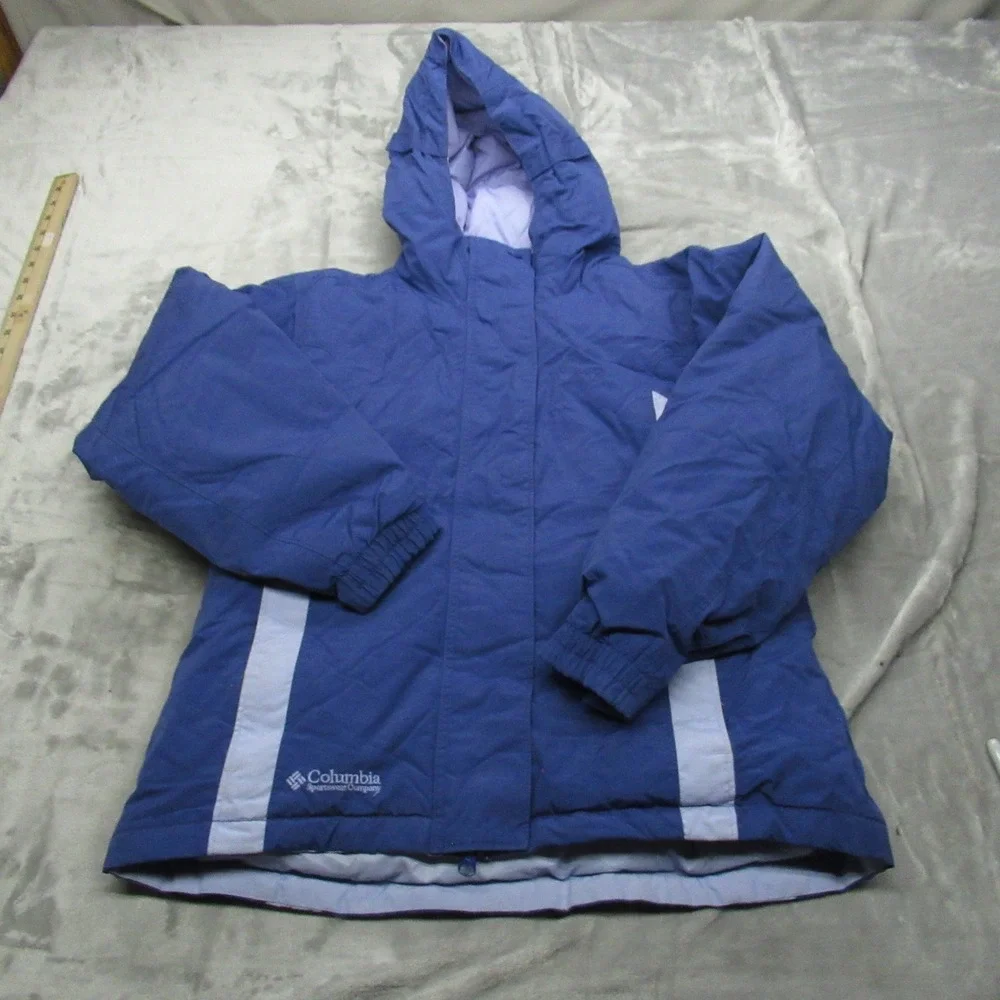 Columbia Down Jacket Kids 14/16 Blue Hooded Insulated Waterproof Full Zip Winter